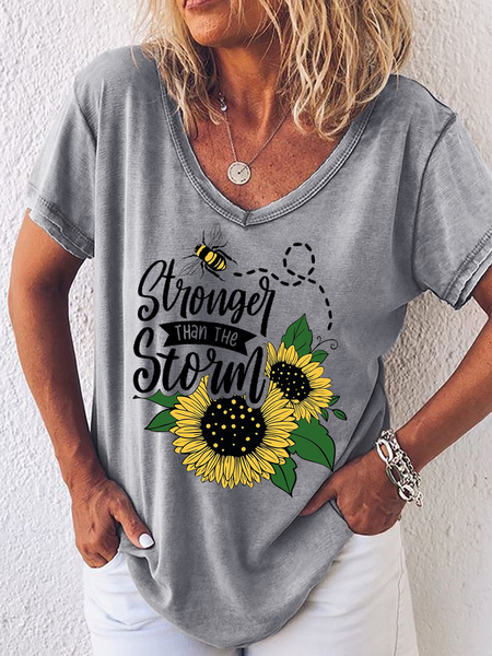 

Women's Stronger Than The Storm Quote Simple Sunflower T-Shirt, Gray, T-shirts