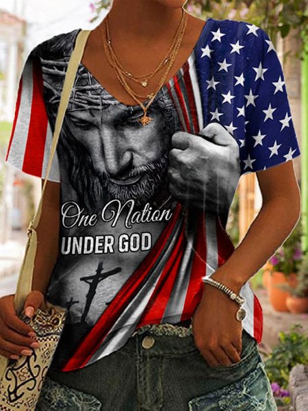 Casual V Neck Flag T-Shirt, Dark blue, T-Shirts