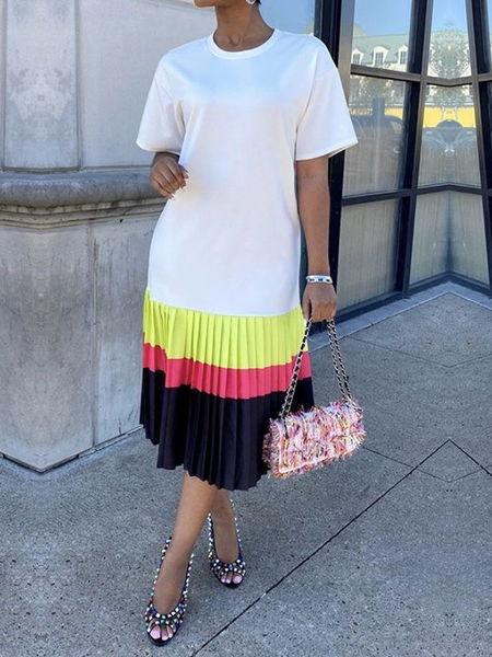 

Micro-Elasticity Color Block Urban Loose Crew Neck Short sleeve Midi Dress, White, Midi Dresses