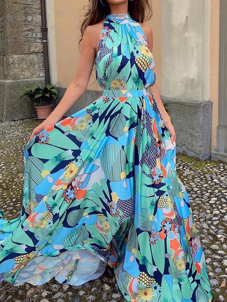 

Regular Fit Plants Halter Sleeveless Vacation Maxi Dress, As picture, Maxi Dresses