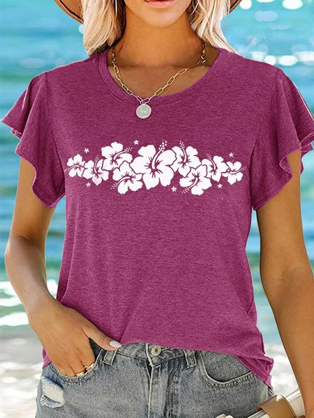 

Crew Neck Casual Floral Regular Fit T-Shirt, Rose red, T-shirts