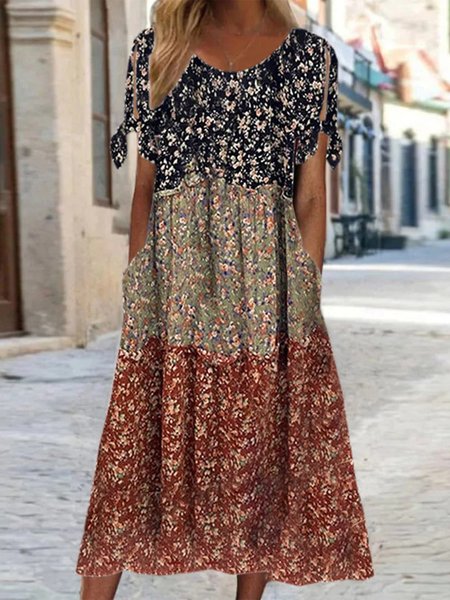 

Loose Color Block Floral Crew Neck Dress, Red, Dresses