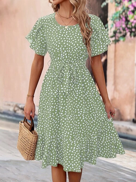 

Loose Crew Neck Polka Dots Casual Dress, Green, Dresses