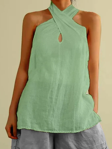 

Women Casual Plain Cross Neck Halter Neck Loose Sleeveless Cotton Linen Tank Top, Green, Tank Tops & Camis