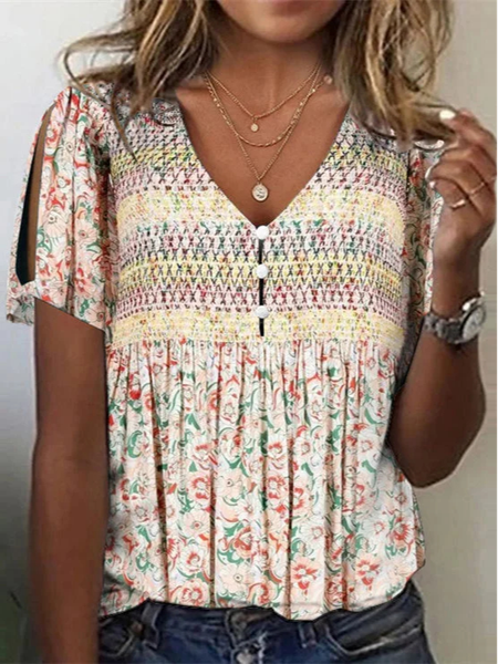 

Floral Loose V Neck Casual T-Shirt, Apricot, T-Shirts