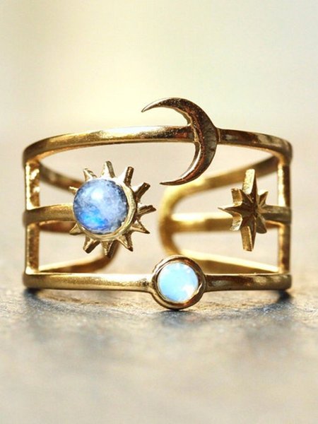 

Casual Natural Moonstone Opal Star Line Open Ring Retro Women's Jewelry, Golden, Rings