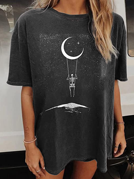 

Women's Vintage Skeleton Skull Cotton Loose Crew Neck T-Shirt, Deep gray, T-shirts