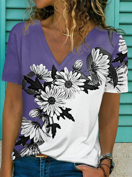 

V Neck Floral Casual Regular Fit T-Shirt, Blue purple, T-Shirts