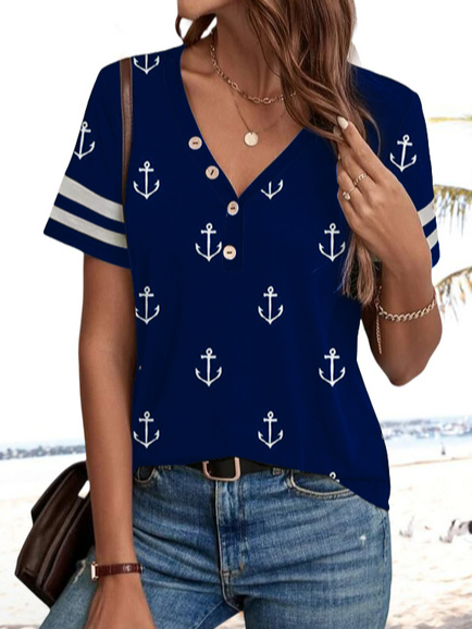 

Casual Anchor V Neck Loose Shirt, Dark blue, Shirts & Blouses