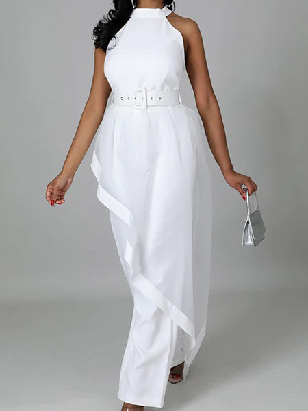 

Regular Fit Halter Elegant Sleeveless Mid-long Shirt, White, Blouses and Shirts