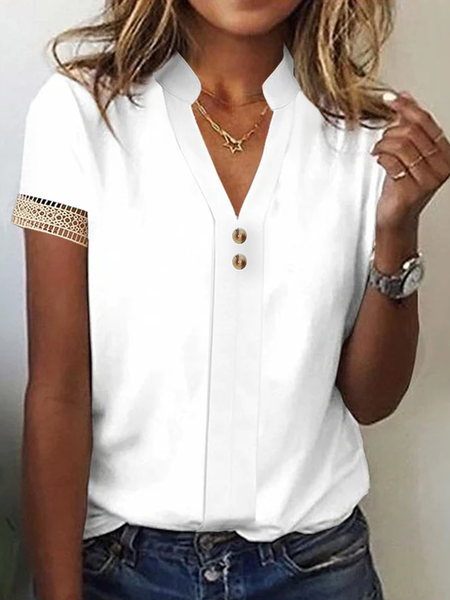 

Buttoned Half Open Collar Plain Casual T-Shirt, White, T-Shirts