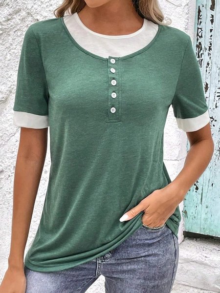 

Casual Buttoned Color Block Loose T-Shirt, Green, T-Shirts