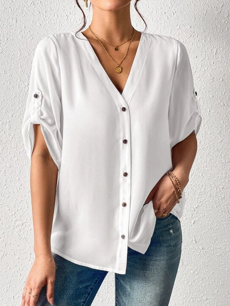 

Buttoned V Neck Loose Casual Blouse, White, Shirts & Blouses