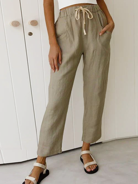 

Cotton Loose Linen Plain Pants, Khaki, Pants