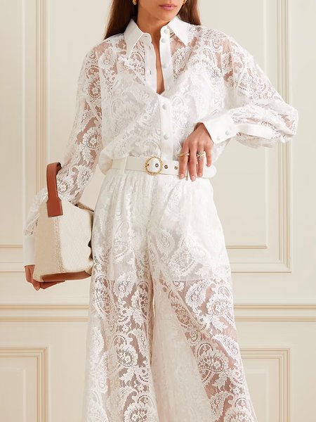 

Shirt Collar Elegant Loose Plain Blouse, White, Blouses and Shirts