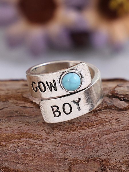 

Cowboy Pattern Turquoise Open Ring Vintage Ethnic Western Women's Jewelry, Silver, Rings