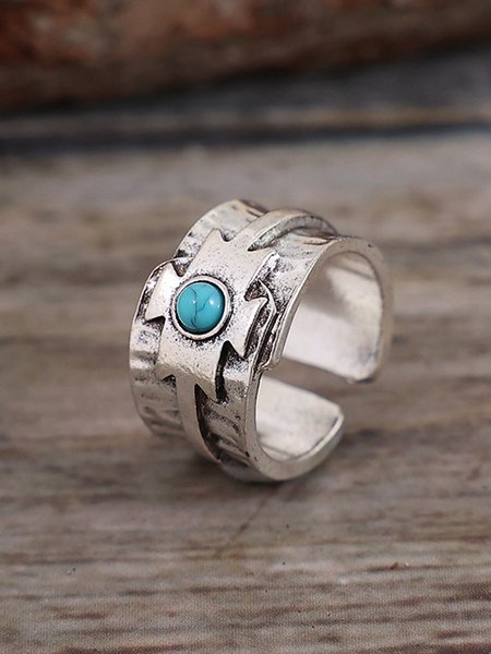 

Vintage Silver Metal Turquoise Distressed Chop Ring Ethnic Vacation Women's Jewelry, Rings