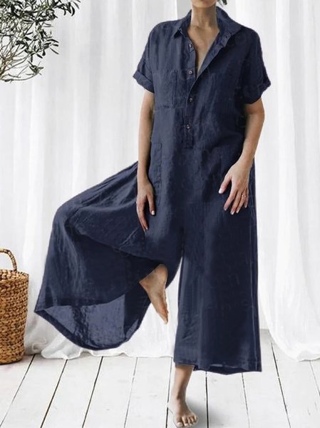 

Linen Plain Shawl Collar Loose Jumpsuit, Navy blue, Jumpsuits＆Rompers