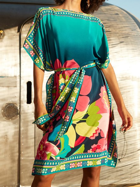 

Floral Print Loose Half Sleeve Vacation Dress, Blue, Mini Dresses