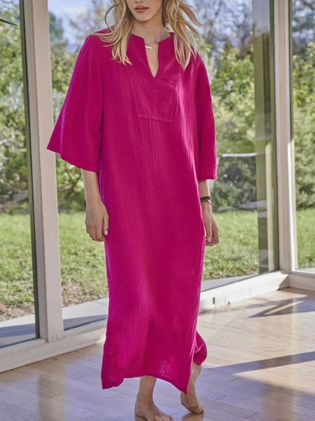 

V Neck Casual No Elasticity Loose Dress, Pink, Maxi Dresses