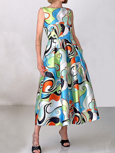 

Elegant Regular Fit Crew Neck Sleeveless Midi Dress, As picture, Midi Dresses