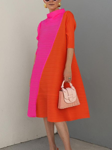 

Loose Stand Collar Vacation Midi Dress, Deep pink, Midi Dresses