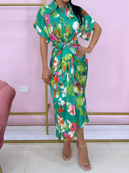 

Loose Urban Shirt Collar Short sleeve Midi Dress Shirt Dress, Green, Midi Dresses