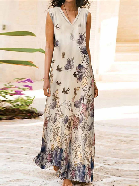 

V Neck Jersey Floral Casual Dress, Khaki, Dresses