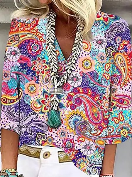 

Loose Casual Paisley V Neck Shirt, Red, Shirts & Blouses