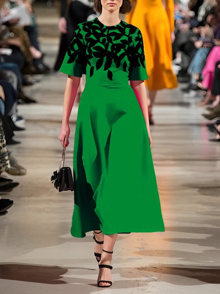 

Crew Neck Plants Urban Regular Fit Midi Dress, Green, Midi Dresses