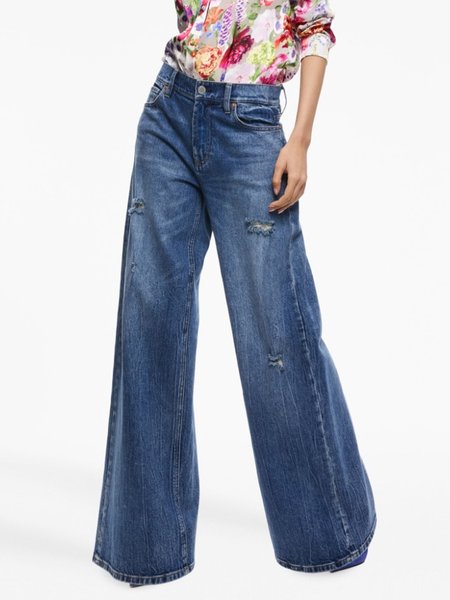 

Denim Plain Urban Loose Wide leg Jeans, Blue, Jeans