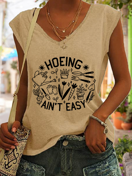 

Women's Plant Lovers Hoeing Ain't Easy V Neck Simple Cotton-Blend Tank Top, Khaki, Tank Tops