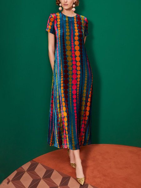 

Crew Neck Casual Polka Dots Loose Maxi Dress, As picture, Maxi Dresses