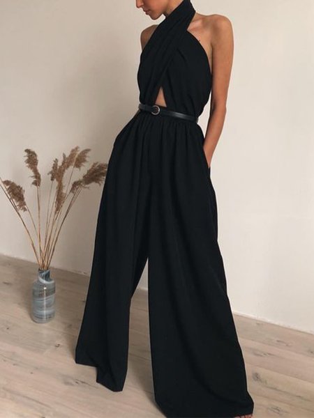 

Plain Loose Halter Elegant Jumpsuit, Black, Jumpsuits