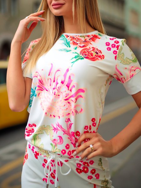 

Casual Regular Fit Floral Crew Neck T-Shirt, White, Tees