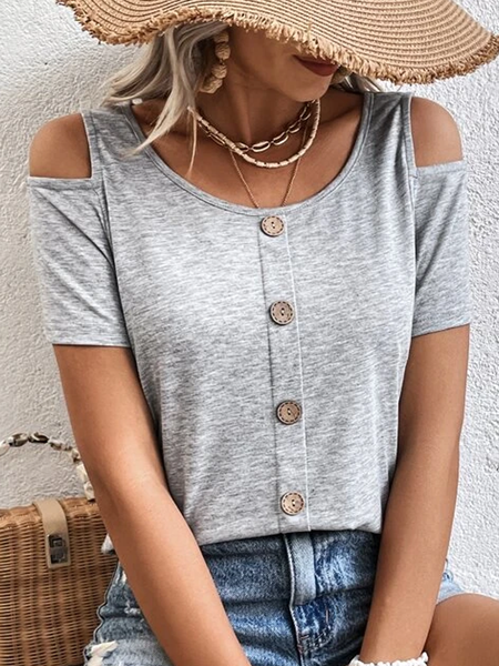 

Casual Loose Crew Neck Buttoned T-Shirt, Gray, T-Shirts