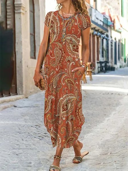 

Ethnic Loose Crew Neck Vintage Dress, Yellow brown, Dresses