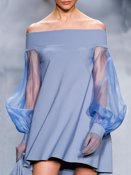 

Boat Neck Elegant Organza Lantern Sleeve Dress, Blue, Mini Dresses