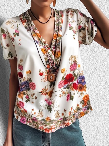 

Floral Loose V Neck Casual Shirt, White, Shirts & Blouses