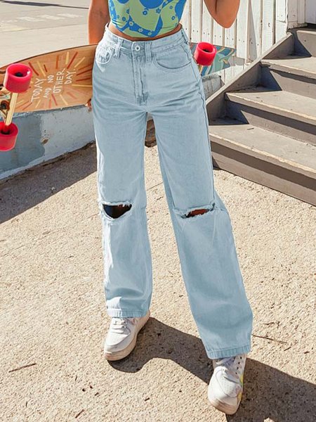 

Regular Size Casual Plain Loose Denim Jeans, Light blue, Jeans