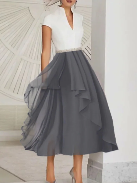 

Women's Cocktail Party Dress Swing Dress Midi Dress Blue Gray Short Sleeve Pure Color Ruched Spring Summer V Neck Modern Office Wedding Guest, Formal Dresses