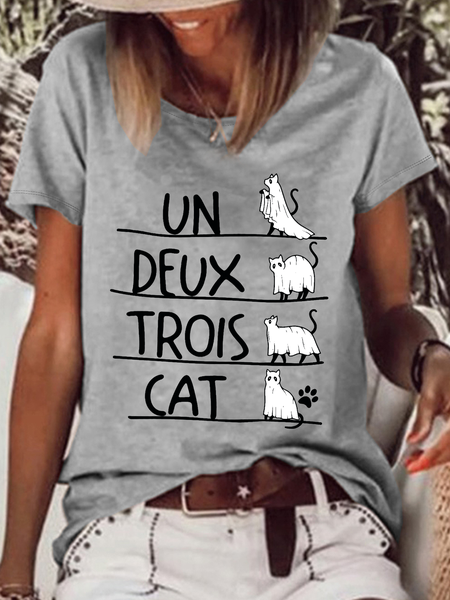 

Women's Cute Cat Lover Cotton-Blend Casual Crew Neck T-Shirt, Gray, T-shirts