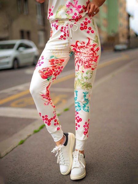 

Regular Fit Casual Floral Fashion Pants, White, Pants
