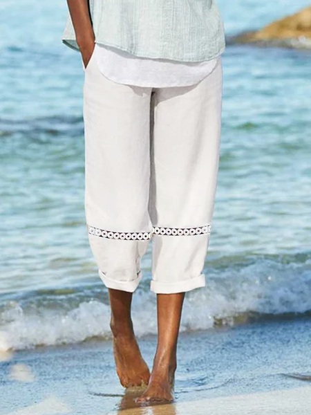 

Cotton Linen Loose Plain Pants, White, Pants
