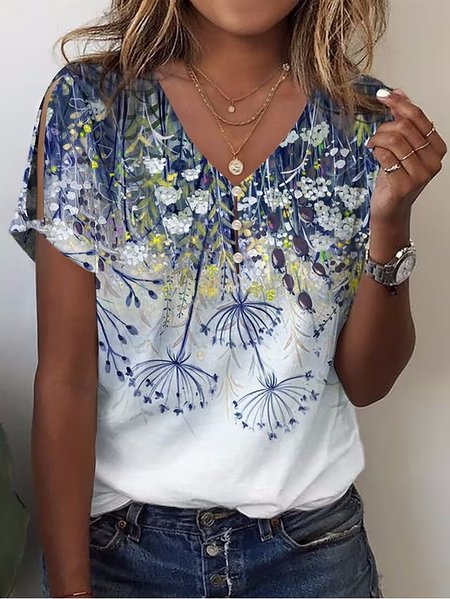 

Casual V Neck Floral T-Shirt, Blue, T-Shirts