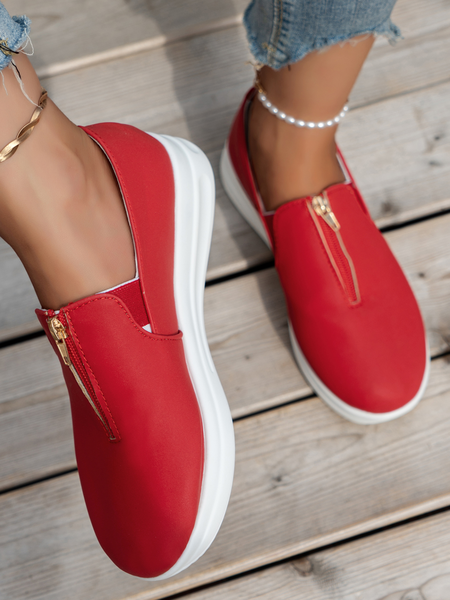 

Women's Zipper PU Canvas Flat Shoes Slip On, Red, Sneakers