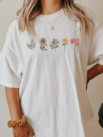 

Women's Floral Cotton Loose Casual T-Shirt, White, T-shirts