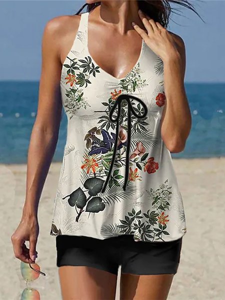 

Vacation Plants Printing V Neck Tankini, Apricot, swimwear>>Tankinis