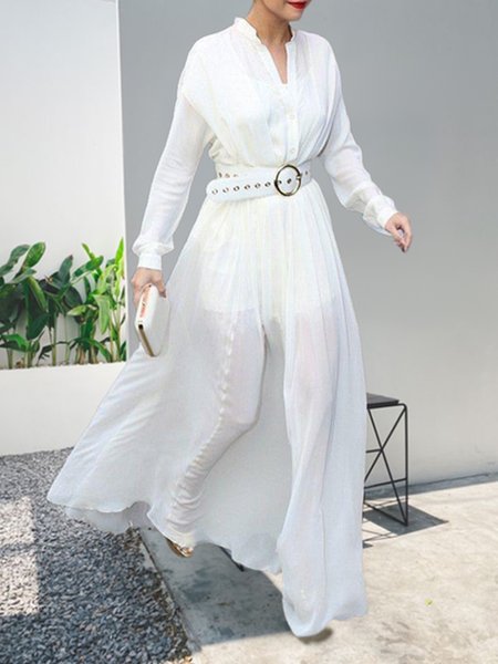 

Plain V Neck Regular Fit Elegant Dress, White, Maxi Dresses