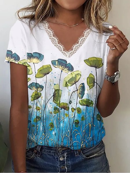 

Loose V Neck Lace Ombre Floral Casual T-Shirt, Blue, T-Shirts